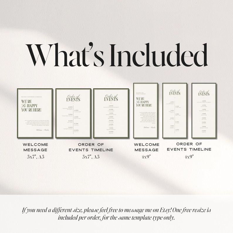 May include: A display of six framed event templates. The text "What's Included" is at the top. The templates include welcome messages and order of events timelines in various sizes, including 5x7 inches and 1x9 inches.