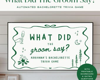 What Did The Groom Say Bachelorette Trivia Game, Bach Drinking Game Hens Party, Camp Themed Bachelorette, Guess Who Said It Game Canva DIY