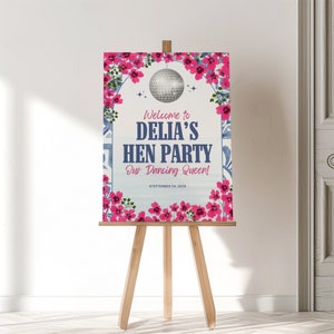 Letrero de despedida de soltera "Mamma Mia", tablero de bienvenida con temática de la Reina del Baile, plantilla de Canva para la futura novia, diseño de despedida de soltera "Última Disco"