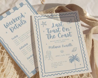 Last Toast on the Coast Bachelorette Itinerary Template, Hand Drawn Beach Bachelorette Invitation, Coastal Bach Weekend Canva Template