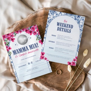 Itinerario weekend addio al nubilato Mamma Mia Disco, addio al nubilato a Santorini, Grecia, modello invito retrò, addio al nubilato in viaggio digitale Canva