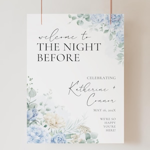 The Night Before Sign, Dusty Blue Rehearsal Dinner Sign, Blue Hydrangea Wedding Sign, The Night Before Wedding Rehearsal Dinner Welcome Sign