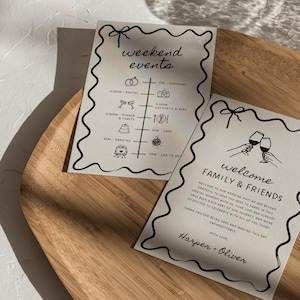 Wavy Wedding Welcome Bags and Timeline Template, Hand Drawn Wedding Program, Handwritten Wedding Timeline, Editable Canva Wedding Template
