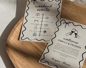 Wavy Wedding Welcome Bags and Timeline Template, Hand Drawn Wedding Program, Handwritten Wedding Timeline, Editable Canva Wedding Template