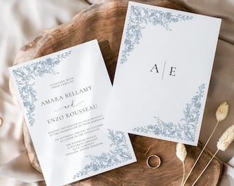 Dusty Blue Toile Wedding Invitation Template, French Country, DIY Canva (Digital Download)