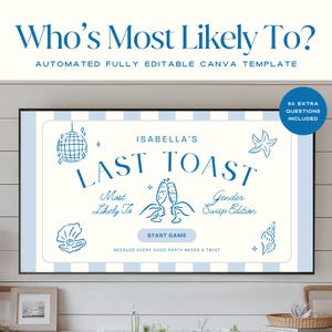 May include: A blue and white Canva template for a party game titled "Who's Most Likely To?" with the text "Isabella's Last Toast." The design includes illustrations of champagne glasses, a disco ball, and a seashell. The template includes 50 extra questions.