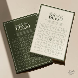 Może przedstawiać: Dwie prostokątne karty do gry w Bingo w kolorze zielono-białym. Karty zawierają tekst "Find the Guest BINGO" i instrukcje. Karty są przeznaczone na wesele lub wieczór panieński.