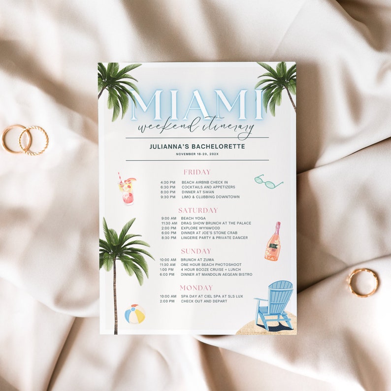 Peut inclure: Un itin&eacute;raire color&eacute; pour un week-end de enterrement de vie de jeune fille &agrave; Miami, en Floride. L'itin&eacute;raire comprend des activit&eacute;s telles que le yoga sur la plage, un brunch drag, une danseuse priv&eacute;e et une croisi&egrave;re avec de l'alcool. Le texte comprend les dates du 18 au 20 novembre 2028.