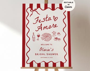 Whimsical Italian Bridal Shower Welcome Sign Template, Wavy Bridal Shower Welcome Sign, Italian Summer Bridal Shower Decor, Editable Canva