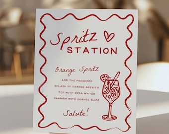 Italian Spritz Station Sign Template, Aperitif Bar Sign, Wavy Wedding Table Sign, Hand Drawn Wedding Decor, Editable Canva Template