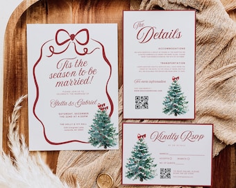 Puede incluir: Conjunto de invitaciones de boda con temática navideña. La invitación principal presenta un borde y un lazo rojos con el texto "'Tis the season to be married!" y un árbol de Navidad en acuarela. Incluye tarjetas RSVP y de detalles.