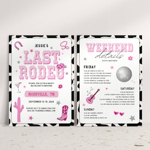 Pink Last Rodeo Bachelorette Party Itinerary Template, Nashville Bachelorette Invitation, Disco Cowgirl, Let's Go Girls, Nash Bash Hen Party