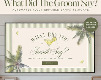 Tequila & Tanlines What Did The Groom Say Game, Bachelorette Trivia Game, Bach Party Drinking Game, Hens Party Game, Editable Canva