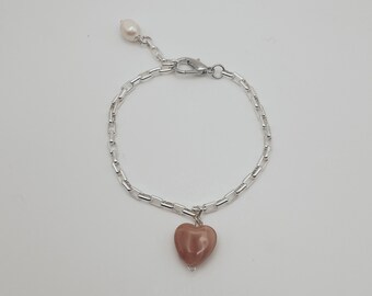 Silver Charm Braceler with Heart & Pearl