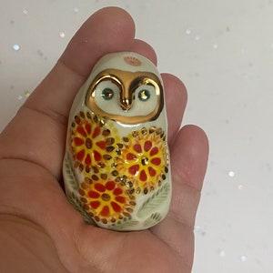 Handmade Ceramic Porcelain miniature Owl figurine . Gold Lustre