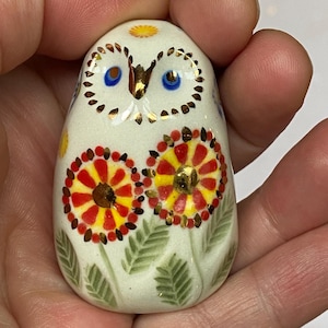 Handmade Ceramic Porcelain miniature Owl figurine . Gold Lustre