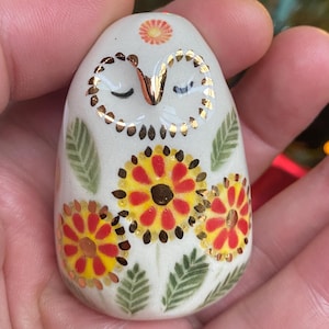 Handmade Ceramic Porcelain miniature Owl figurine . Gold Lustre