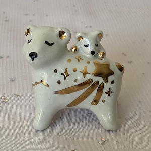 Handmade ceramic porcelain miniature figurine Mama Bear with baby bear. The Big Dipper, plough  Gold Lustre