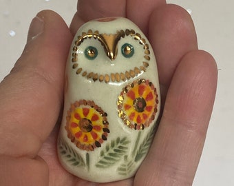 Handmade Ceramic Porcelain miniature Owl figurine . Gold Lustre