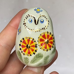 Handmade Ceramic Porcelain miniature Owl figurine . Gold Lustre