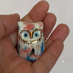 Handmade Ceramic Porcelain miniature Owl figurine . Gold Lustre