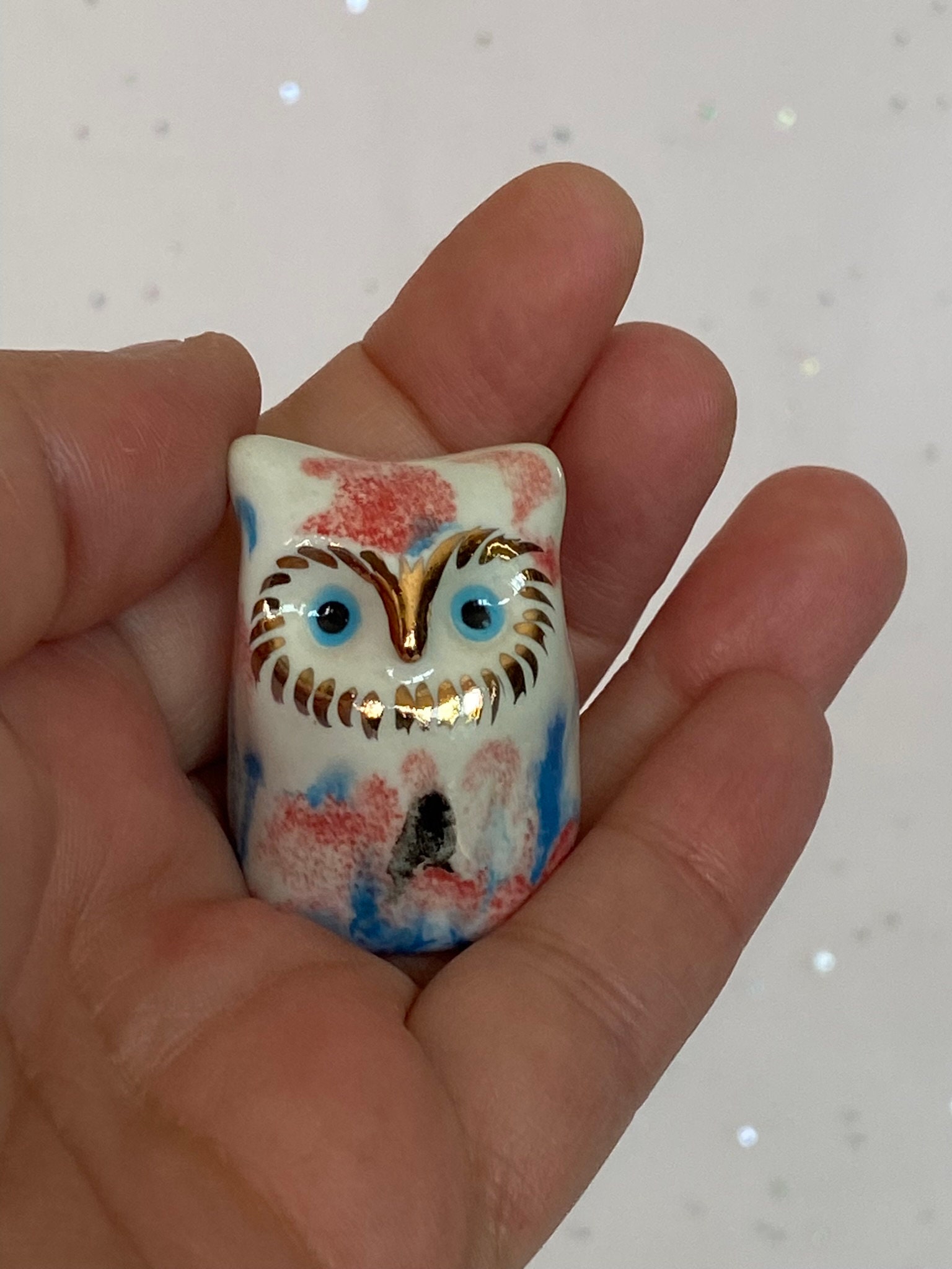 Handmade Ceramic Porcelain miniature Owl figurine . Gold Lustre