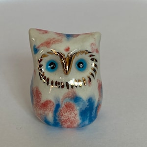 Handmade Ceramic Porcelain miniature Owl figurine . Gold Lustre