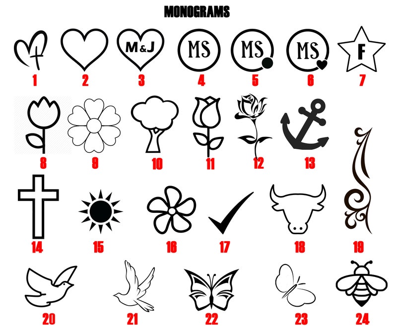 Puede incluir: Un conjunto de 24 dise&ntilde;os de monogramas en blanco y negro. Los dise&ntilde;os incluyen una cruz, un coraz&oacute;n, una flor, una estrella, un ancla, una mariposa, un p&aacute;jaro, un sol, un &aacute;rbol, un toro, una abeja y m&aacute;s.