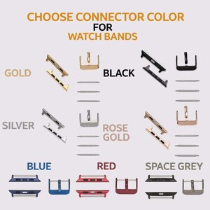 Puede incluir: Una gu&iacute;a visual que muestra diferentes colores de conectores para correas de reloj. Los colores incluyen oro, plata, negro, oro rosa, azul, rojo y gris espacial.