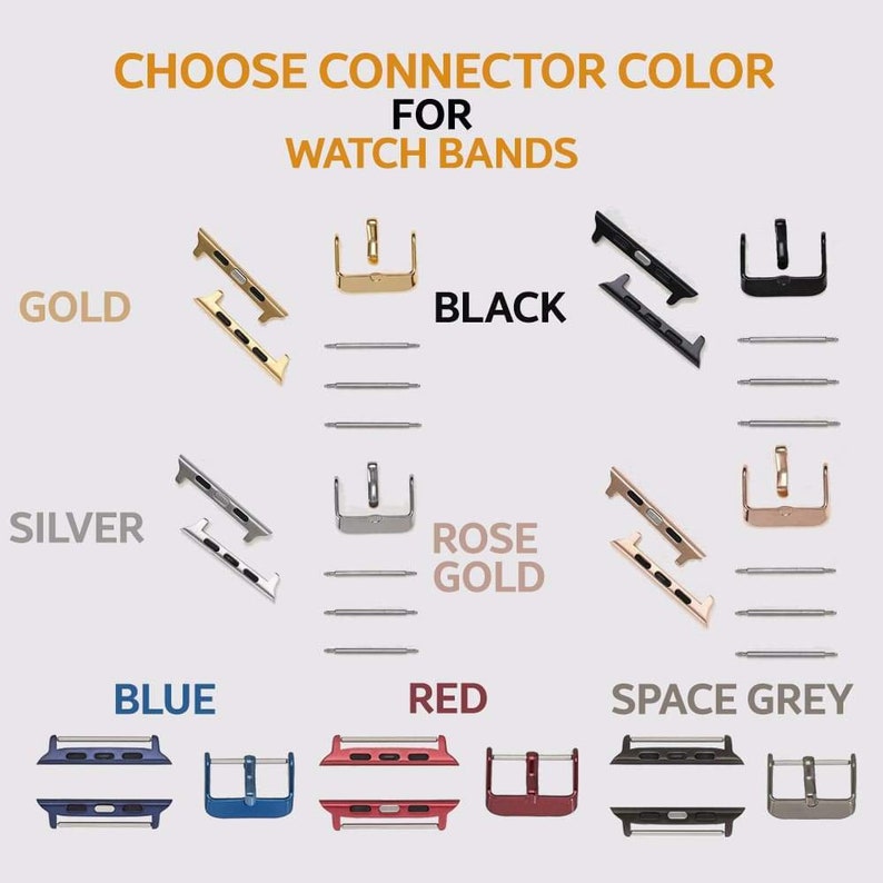 Puede incluir: Una gu&iacute;a visual que muestra diferentes colores de conectores para correas de reloj. Los colores incluyen oro, plata, negro, oro rosa, azul, rojo y gris espacial.