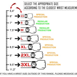 Puede incluir: Un gr&aacute;fico que muestra los tama&ntilde;os de mu&ntilde;eca en pulgadas y los tama&ntilde;os de reloj correspondientes, de XS a 3XL. El gr&aacute;fico tambi&eacute;n indica si el tama&ntilde;o est&aacute; disponible en producci&oacute;n regular o especial.