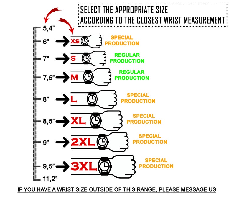 Puede incluir: Un gr&aacute;fico que muestra los tama&ntilde;os de mu&ntilde;eca en pulgadas y los tama&ntilde;os de reloj correspondientes, de XS a 3XL. El gr&aacute;fico tambi&eacute;n indica si el tama&ntilde;o est&aacute; disponible en producci&oacute;n regular o especial.