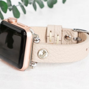 Top Grain Leather Women Slim Apple Watch Band, Watch Strap, Jewelled iWatch Band, Minimalist Watch Bracelet 38mm 40mm 41mm 42mm 44mm 45mm