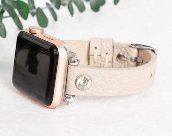 Top Grain Leather Women Slim Apple Watch Band, Watch Strap, Jewelled iWatch Band, Minimalist Watch Bracelet 38mm 40mm 41mm 42mm 44mm 45mm