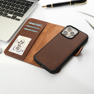 Personalized Leather Phone Case Wallet for iPhone 15, 15 Pro, 15 Plus, Pro Max, iPhone  Magsafe Wallet Cover RFID Protection, Christmas Gift