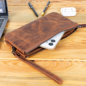 Leather Wallet Clutch for Men Women, Personalized Genuine Leather Travel Wrist Bag with Zipper, Luxury Leather Wallet, Christmas Gift