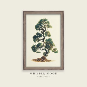 Può includere: Una stampa incorniciata di un dipinto ad acquerello di un albero verde con un tronco e rami contorti. L'albero è su uno sfondo bianco. La cornice è in legno marrone chiaro. Il testo "WHISPER WOOD COLLECTIVE" è stampato sotto la cornice.