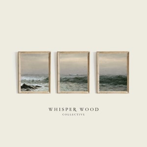 Ocean Waves Triptych | 3 Piece Printable Wall Art | Green Sea Marine Scenery | Vintage Artwork | Living Room Decor | #S3-6