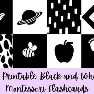 50 Flashcards Montessori imprimables en noir et blanc | Cartes visuelles à contraste élevé | Développement sensoriel de 0 à 6 mois | 4x4 pouces