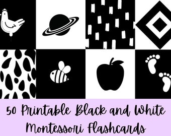 50 Printable Black & White Montessori Flashcards | High Contrast Visual Cards | 0-6 Months Old Sensory Development | 4x4 Inches
