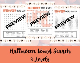 Búsqueda de palabras de Halloween 3 niveles / Juegos de fiesta de Halloween / Para niños, adolescentes, niños, niñas, adultos / Juego imprimible para otoño / Descarga digital