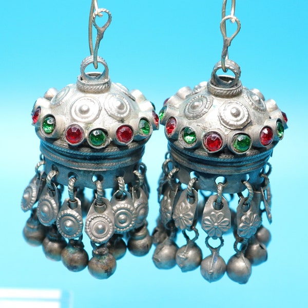 VINTAGE* Baloch / Kashmiri Earrings Silver with Red and Green Stones