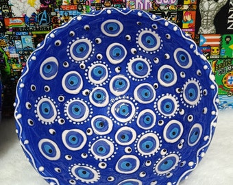 Ceramic bowl,Turkish Greek tradiiton,evil eye bead patterned double set,Set of 2 Ceramic plate Medium size bowl with evil eye bead Handmade