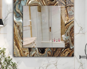 Square Gold Marble Mirror Wall Decor on Tempered Glass: Modern Bedroom and Entryway Art