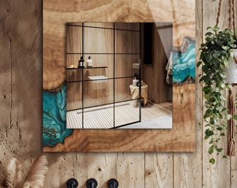 Wood Resin Look Tempered Glass Square Wall Mirror, Modern Bathroom Decor