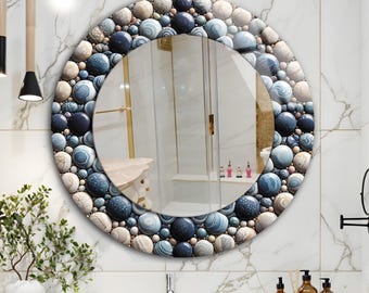 Blue Stones Artwork Printed Tempered Glass Round Wall Mirror: Modern Bathroom Vanity Decor