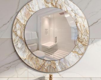 Gold Marble Tempered Glass Round Wall Mirror – Modern Bathroom Vanity Wall Decor
