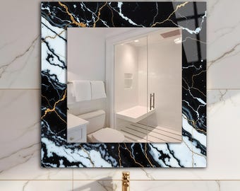 Square Marble Mirror Wall Art: Black White Tempered Glass Decor