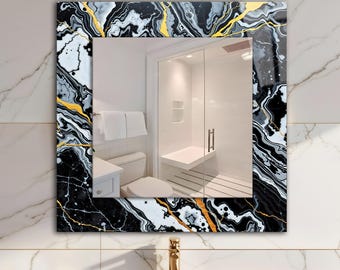 Square Marble Mirror Wall Art: Black White Gold Tempered Glass Decor