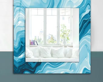 Ocean Waves Tempered Glass Square Wall Mirror, Modern Bathroom Decor